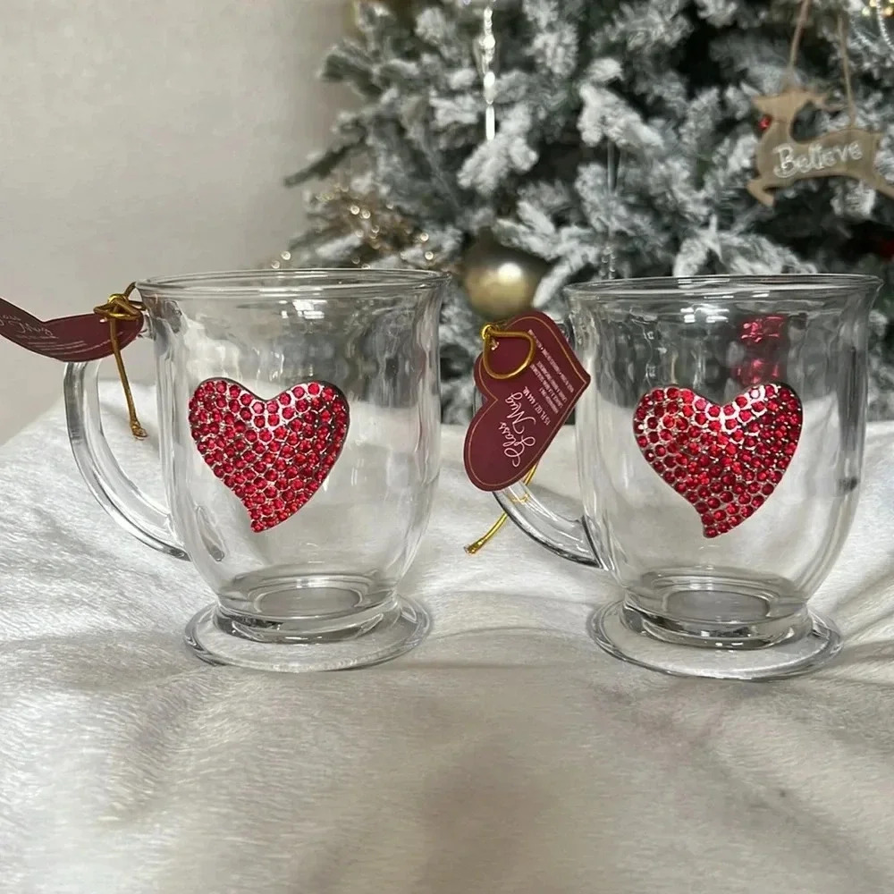 Elegant Rhinestone Heart Glass Mugs – Set of 2 (15 oz) Bundle of 2